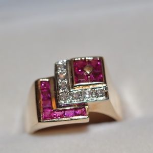 14K Yellow Gold Emerald Cut Ruby and Diamond Ring Size 8.5